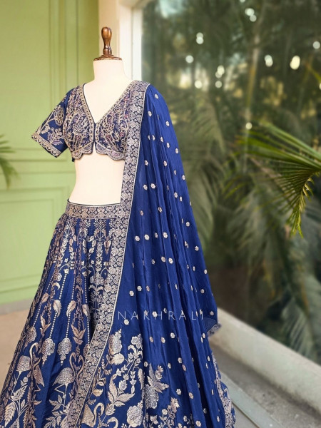 Sereva Blue Lehenga Set with Silver Brocade Work