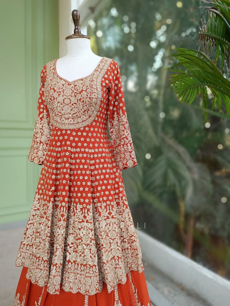 Ruhvika Royal Orange Embroidered Lehenga Set with Mirror and Stone Work