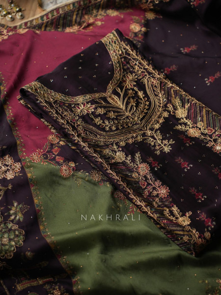 Sultana Wine Dress Material Set with Heavy Embroidery Work