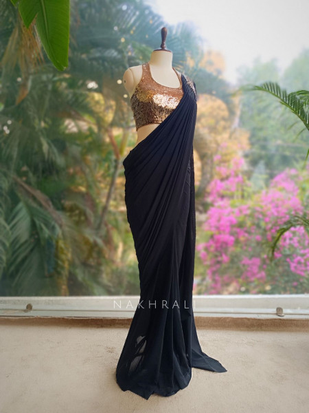 Nyra Black Sequin Blouse Drape Saree Set