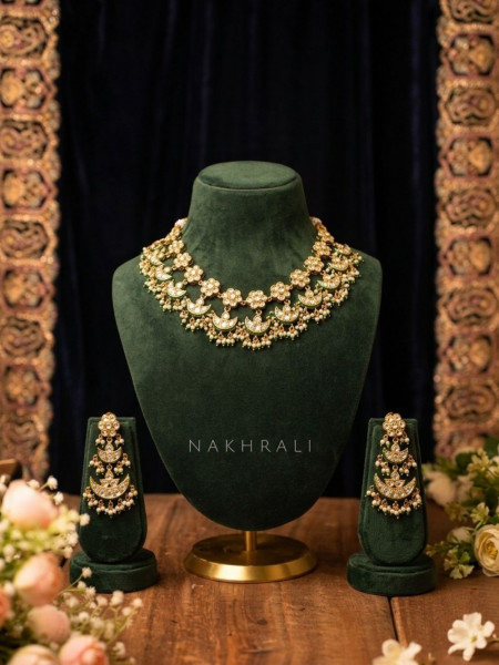 Chandrika Green Kundan Necklace Set with Pearl Drops