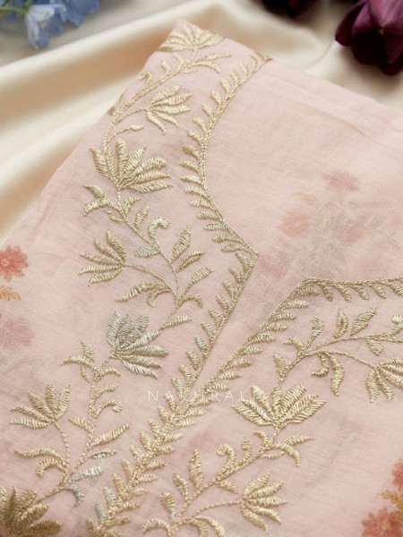 Lioren Peach Floral Printed Dress Material with Thread Embroidery