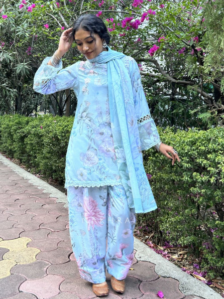 Pavira Blue Floral Suit Set with Lace Detailing