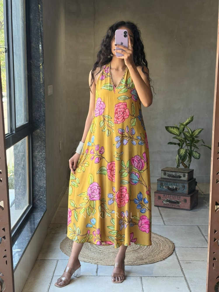 Image of Breeze Muse Yellow Floral Printed A-Line Dress