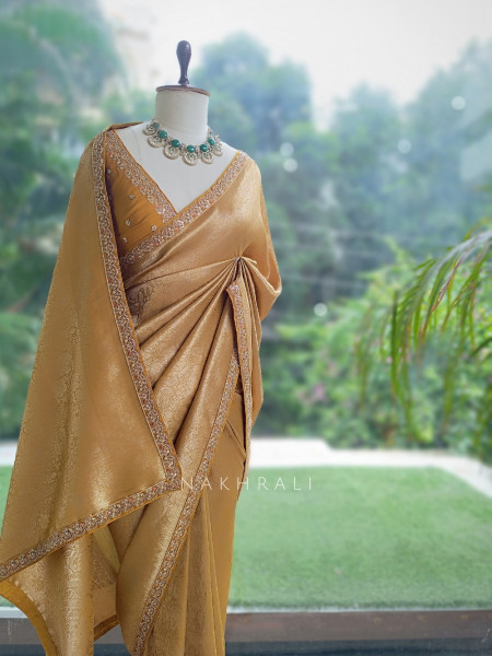 Rivora Mustard Zari Woven Saree with Ornate Border Design