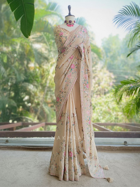 Whispers of Spring Beige Saree with Heavy Floral Thread Work and Readymade Blouse