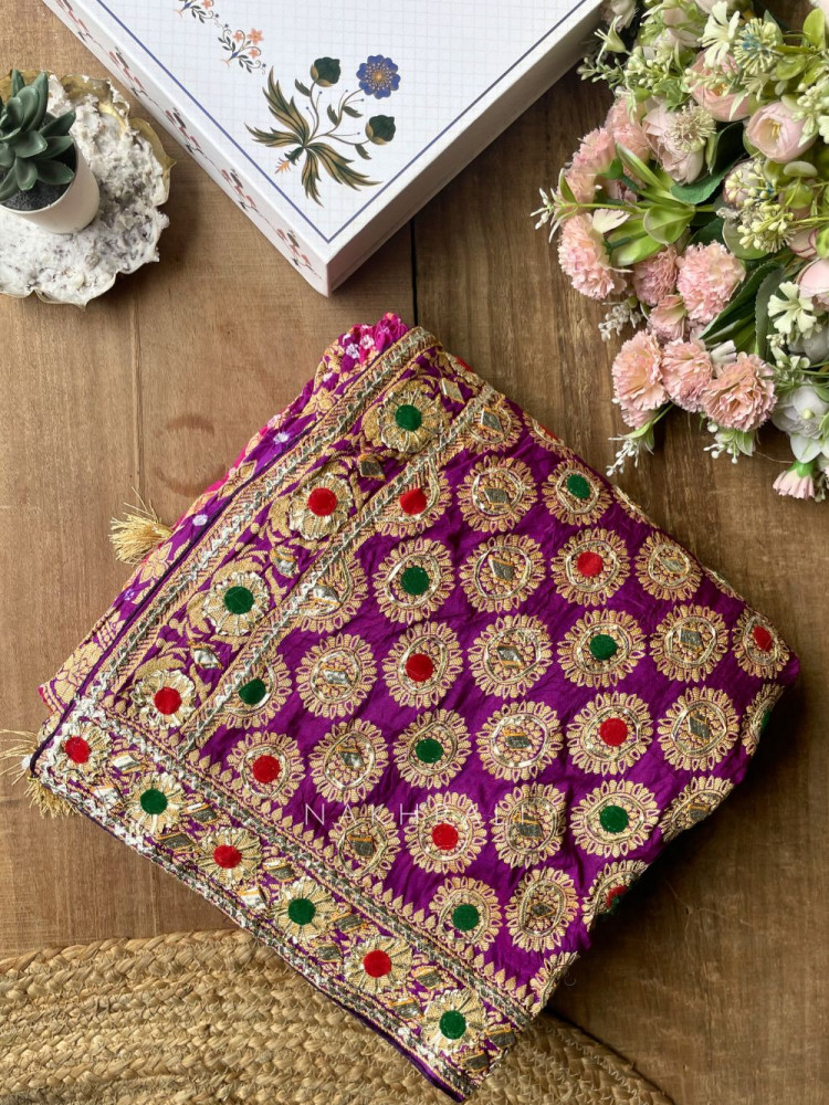 Image of Marlowe Wine Bandhej Saree with Embroidered Border and Running Blouse Piece