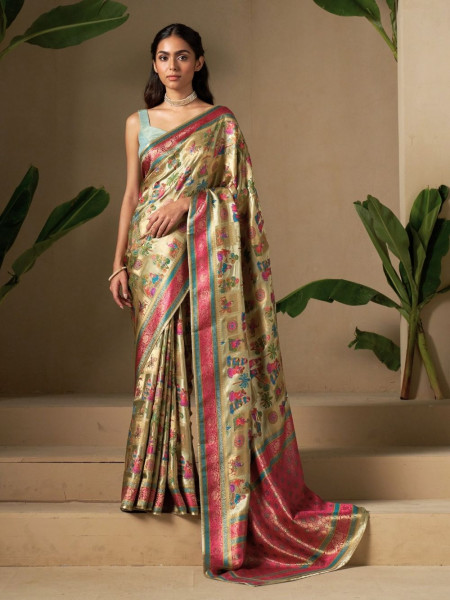 Golden Dola Silk Saree with Multicolor Weave and Contrasting Border