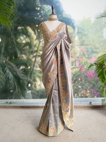Royal Princess Grey Banarasi Silk Saree with Zardozi Detailing