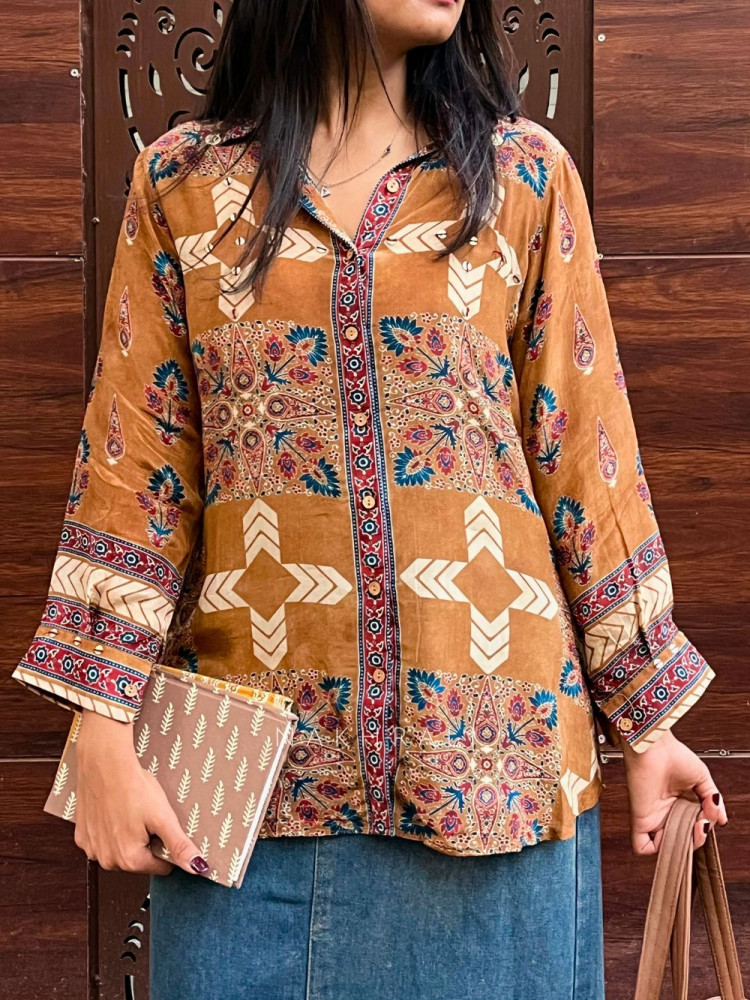 Image of Tattva Brown Art Modal Printed Shirt