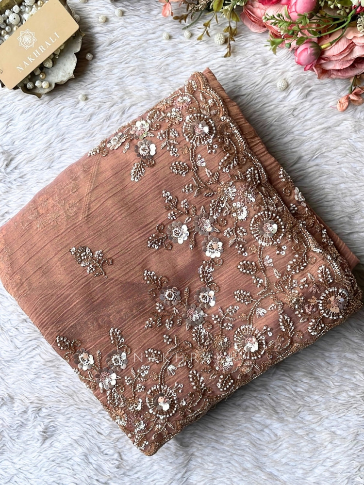 Image of Roselle Gleam  Peach Crushed Shimmer Silk Saree With Zardozi &amp; Aari Work