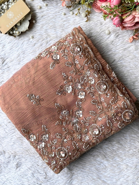 Roselle Gleam  Peach Crushed Shimmer Silk Saree With Zardozi & Aari Work