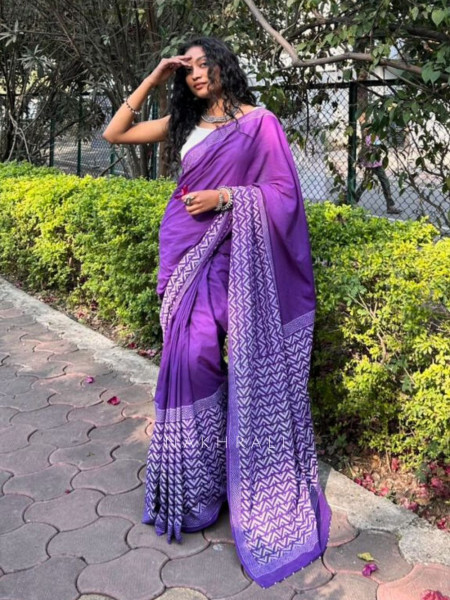 Vanika Purple Cotton Handblock Saree