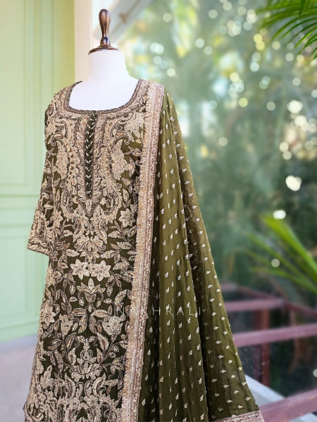 Zayira Green Zari & Bead Embroidered Kurta Sharara Suit Set