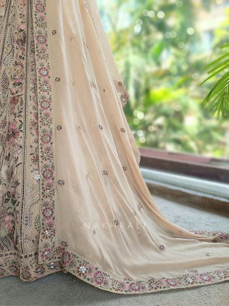 Solene Beige Embroidered Lehenga Set with Thread Work