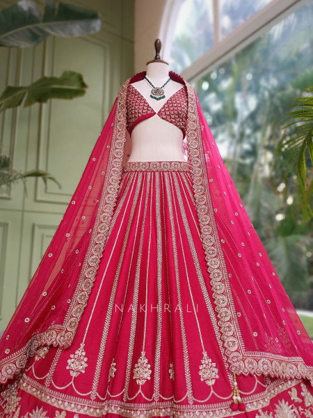 Vasundhira Red Unstitched Lehenga with Gota Patti and Zari Work