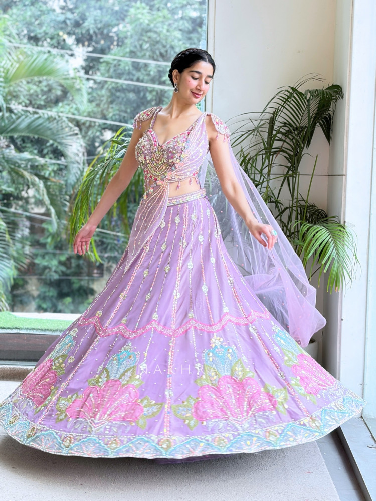 Image of Solaris Petal Purple Satin Silk &amp; Soft Net Lehenga