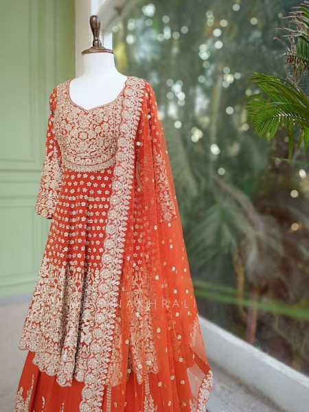 Ruhvika Royal Orange Embroidered Lehenga Set with Mirror and Stone Work
