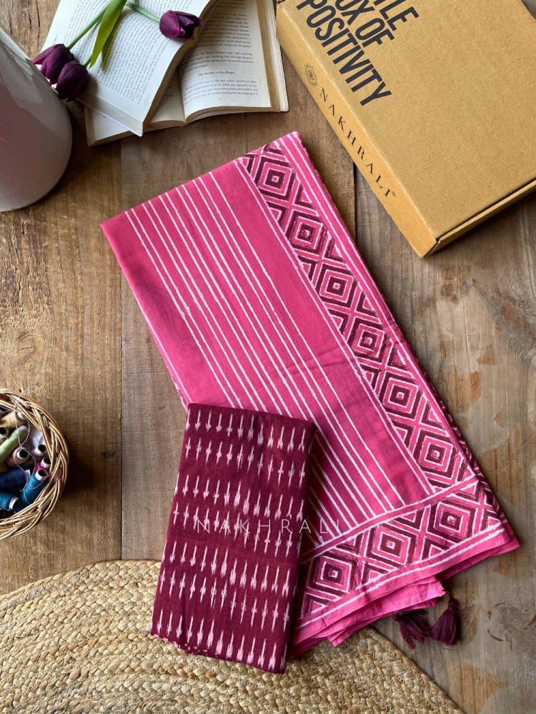 Image of Akriti Pink Cotton Saree with Block Print