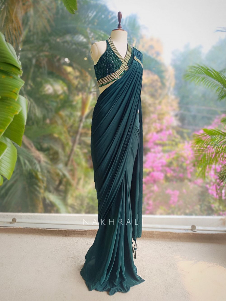 Image of Zerina Emerald Drape Saree with Sequin Bead Blouse