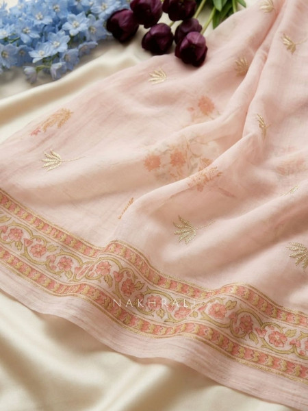 Lioren Peach Floral Printed Dress Material with Thread Embroidery