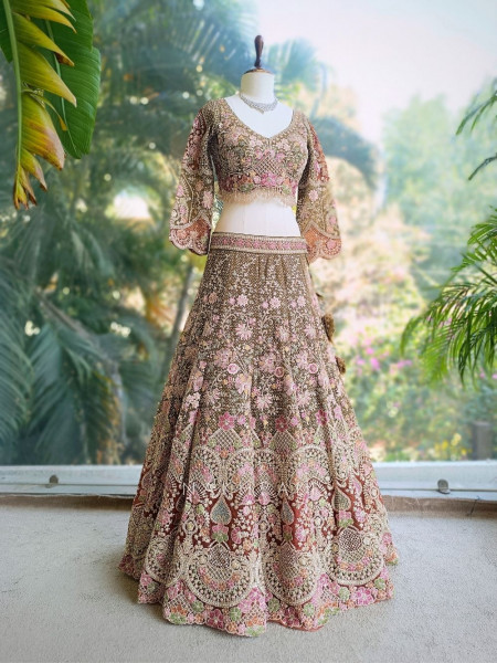 Tirvani Green Floral Embroidered Bridal Lehenga Set