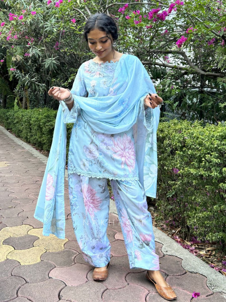 Pavira Blue Floral Suit Set with Lace Detailing