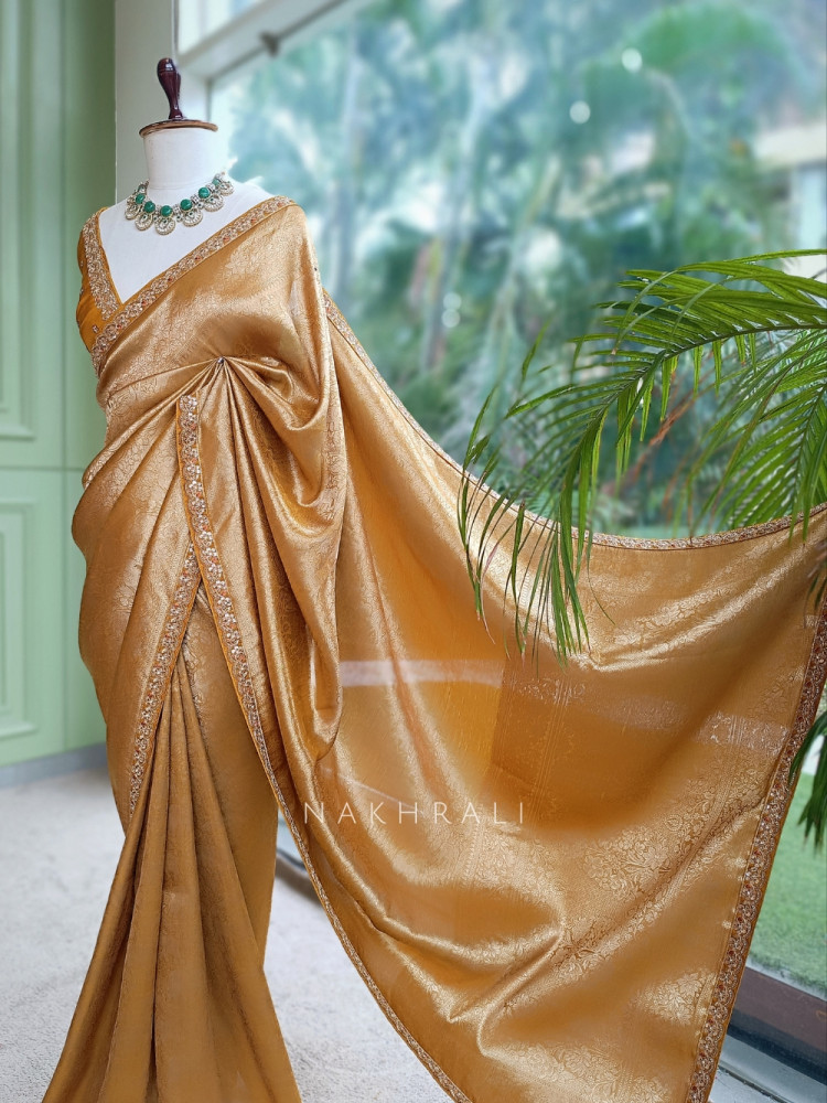 Image of Rivora Mustard Zari Woven Saree with Ornate Border Design