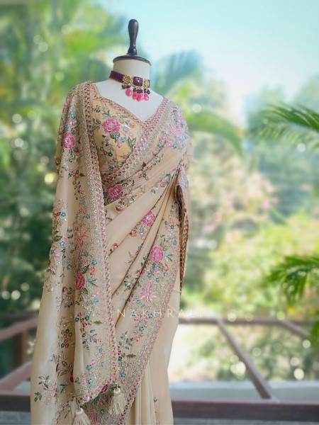 Whispers of Spring Beige Saree with Heavy Floral Thread Work and Readymade Blouse