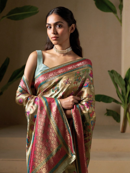 Golden Dola Silk Saree with Multicolor Weave and Contrasting Border