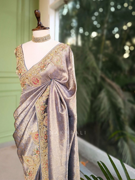 Royal Princess Grey Banarasi Silk Saree with Zardozi Detailing
