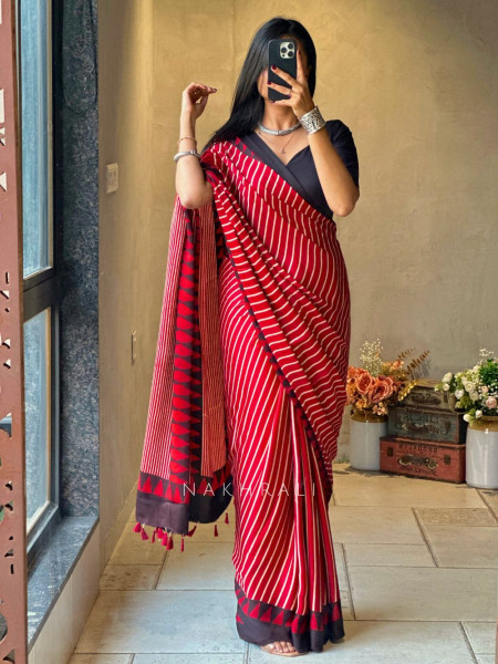 Ravya Red Modal Silk Saree with Stripe Weave