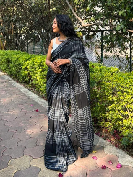Vanika Black Cotton Handblock Saree