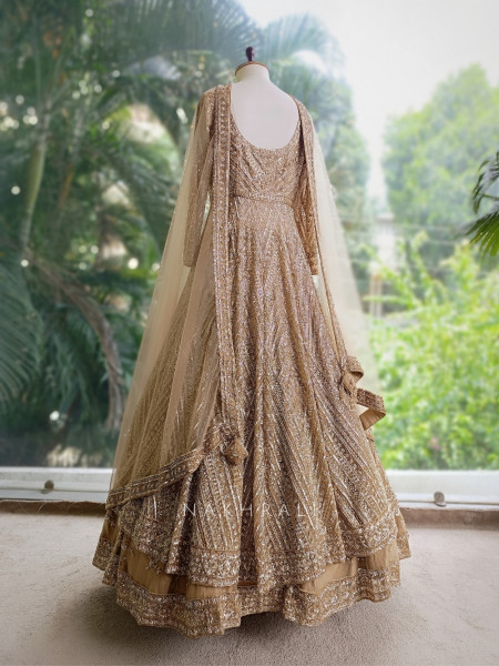 Queenshine Golden Indowestern Lehenga with Sequin and Cutdana Embellishment