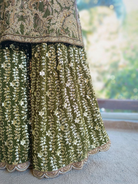 Zayira Green Zari & Bead Embroidered Kurta Sharara Suit Set