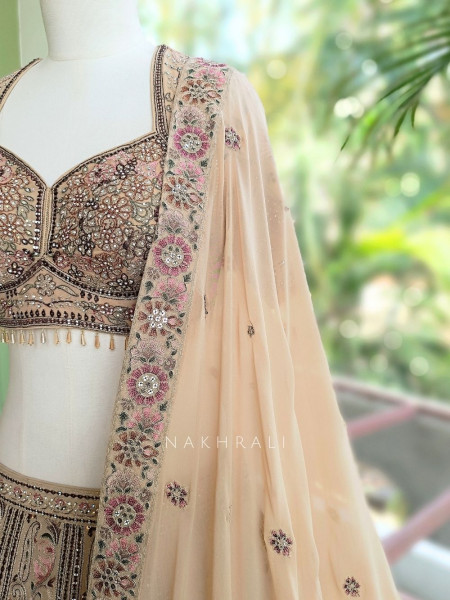 Solene Beige Embroidered Lehenga Set with Thread Work