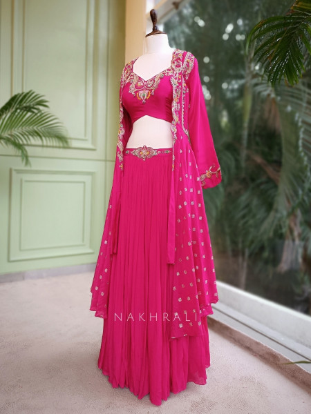 Zariyah Magenta Embroidered Crop Top Skirt Set with Cape