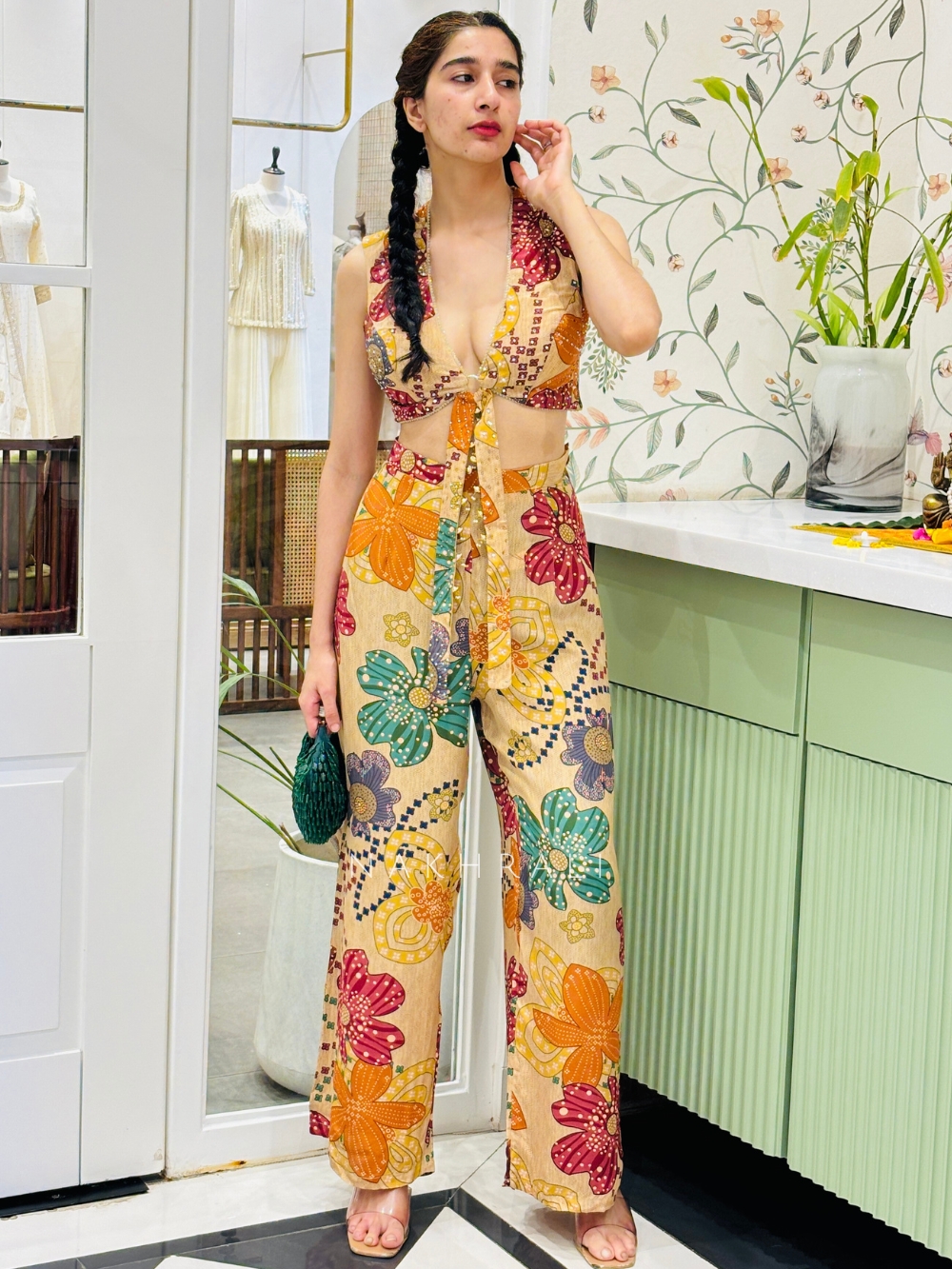 Champagne Chic Crop Top Palazzo Set with Shrug