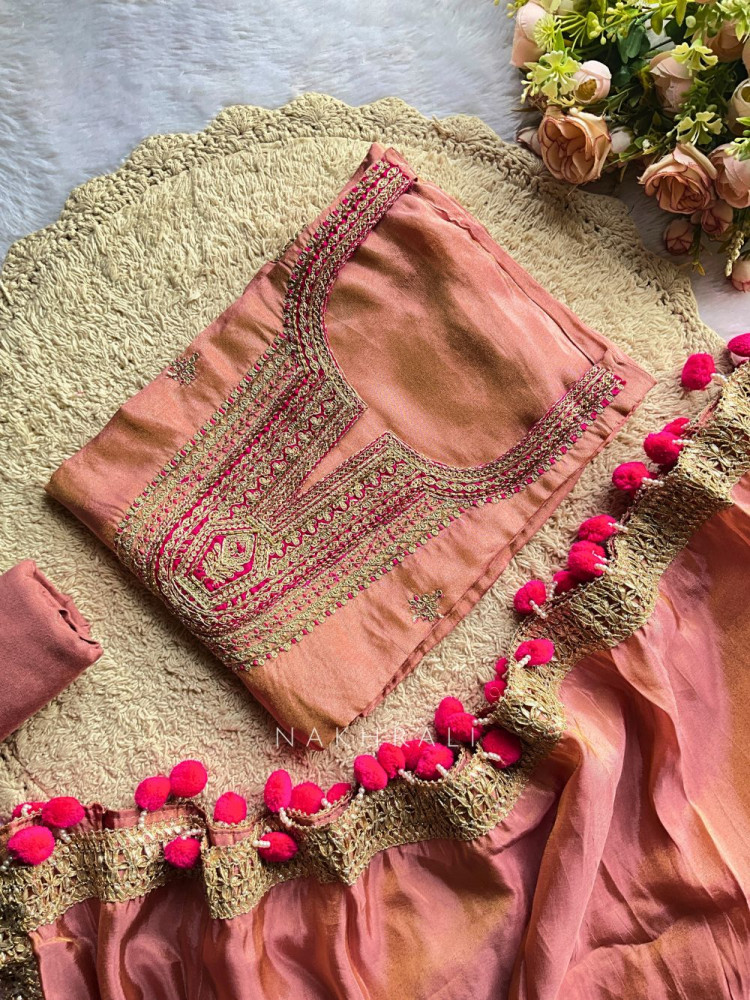 Image of Ritika Pink Embroidered Neck Dress Material Set
