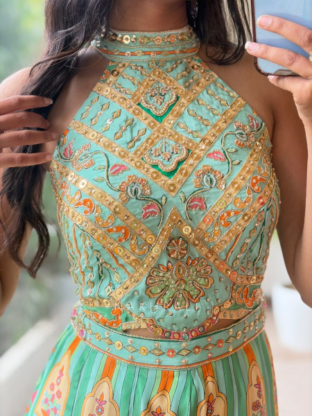 Juliette Green Jumpsuit With Jharokha Print