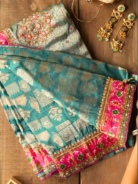 Samriddhi Teal Saree with Embroidery & Readymade Blouse