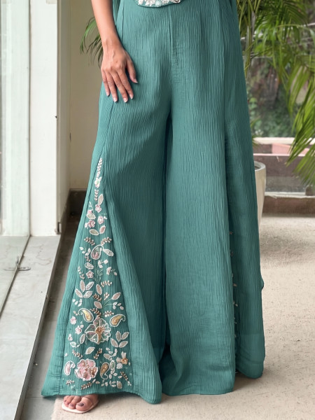 Serenelle Sea Green Crushed Georgette Indo-Western Palazzo Set