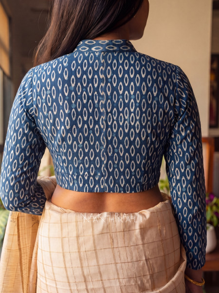 Sutrangan Navy Blue Printed Blouse Full Sleeves and Mandarin Collar