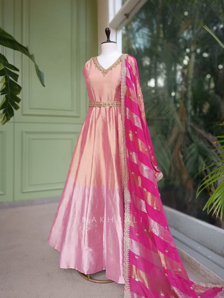 Virelle Pink Silk Anarkali Suit Set with Zari and Sequin Work
