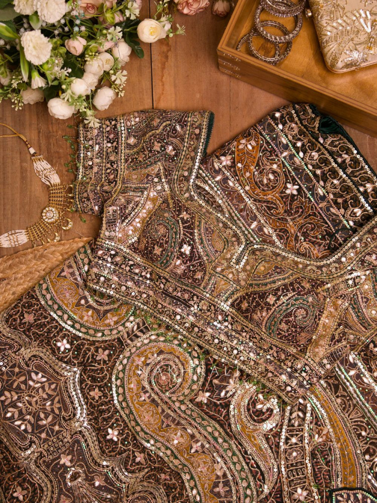 Image of Nakkashi Brown Bridal Sequin Zari Saree with Ready Blouse