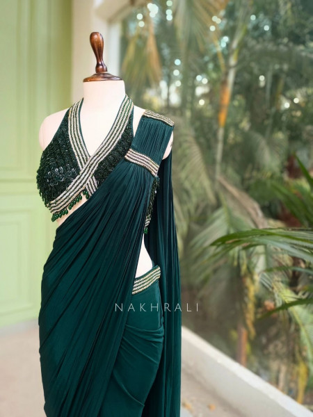 Zerina Emerald Drape Saree with Sequin Bead Blouse