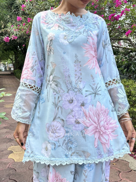 Pavira Blue Floral Suit Set with Lace Detailing