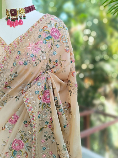 Whispers of Spring Beige Saree with Heavy Floral Thread Work and Readymade Blouse