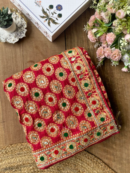 Marlowe Red Bandhej Saree with Embroidered Border and Running Blouse Piece