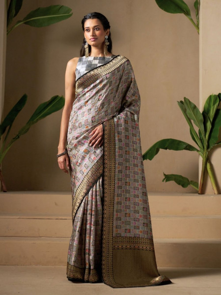 Charcoal Grey Dola Silk Saree with Antique Zari Border